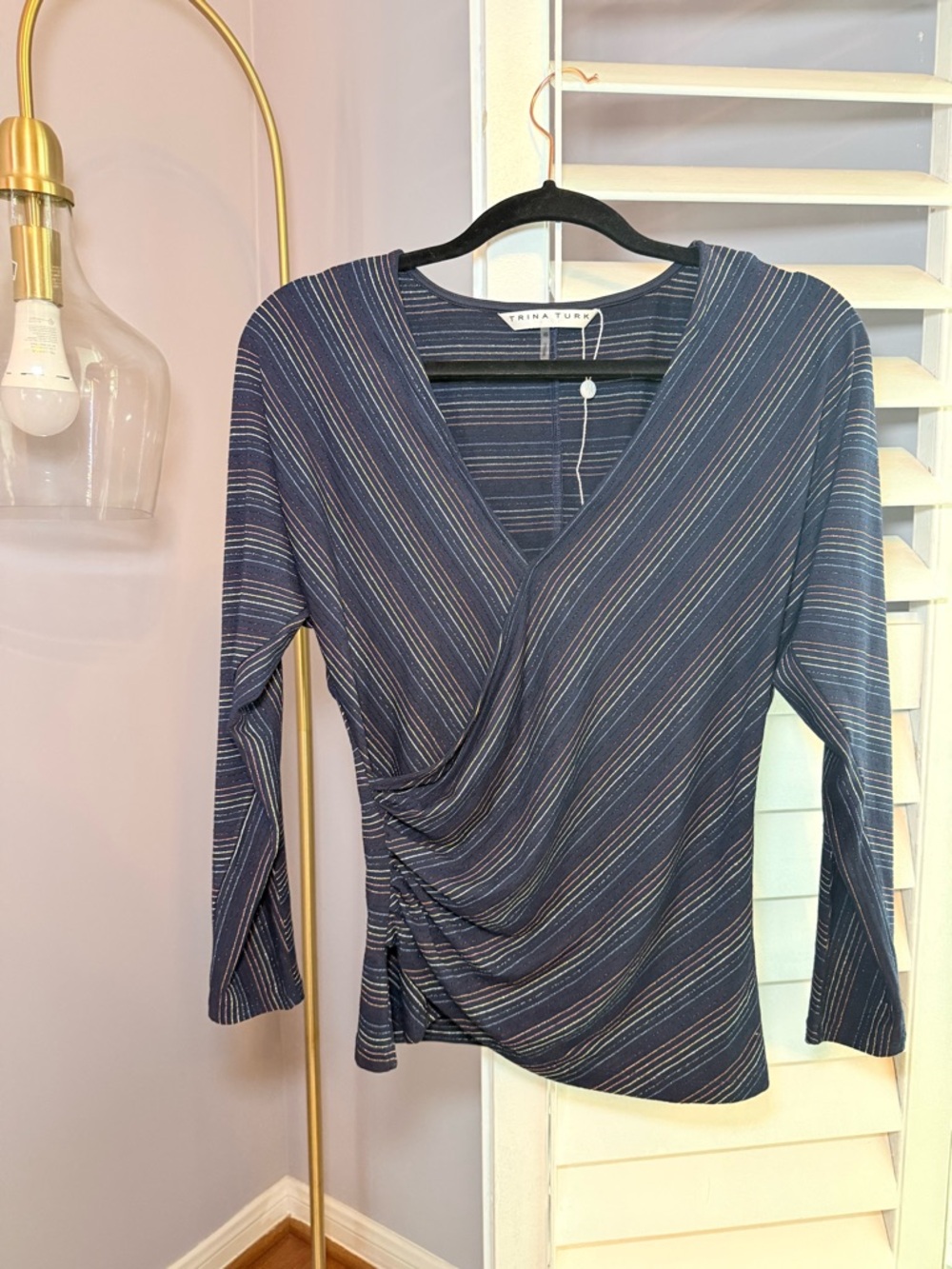 Trina Turk Navy Striped Wrap-Style Long Sleeve shimmer striped Top | Sz Xs